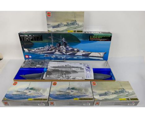 Tamiya - Airfix - Five boxed plastic model ship kits. Lot consists of Tamiya #78015 1:350 scale German battleship 'Tirpitz' -