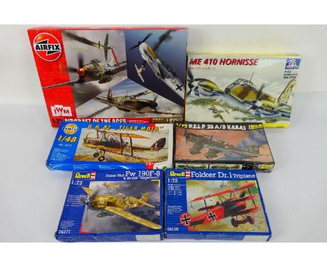 Revell - Airfix -  Italeri - SMER - Heller - Six boxed plastic military aircraft model kits in 1:72 scale. Lot includes Airfi