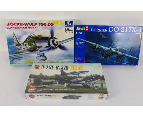 Revell - Airfix - Italeri - Three boxed factory sealed plastic military model aircraft kits. Lot consists of Revell #04371 1: