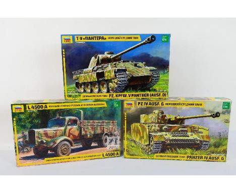 Zvezda - Three boxed 1:35 scale plastic military vehicle model kits from Zvezda. Lot consists of #3596 WW2 German Heavy 4WD C