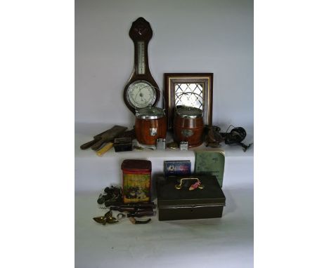 A miscellaneous collection  to include an oak framed wall hanging barometer, a vintage tin cash box, several vintage fishing 