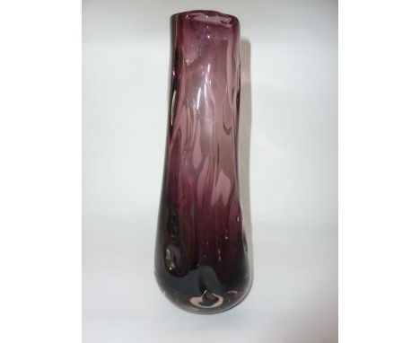 A heavy good quality 20th century studio glass vase of tapering cylindrical form in a deep amethyst colourway with moulded or