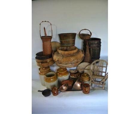 A miscellaneous collection to include several salt glazed ceramic containers,  a timber framed agricultural sifter, a worked 