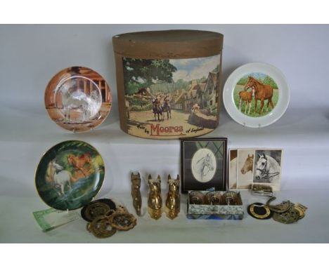 A vintage Moores hat box decorated with rural street scene together with equine related effects to include a pair of brass ho