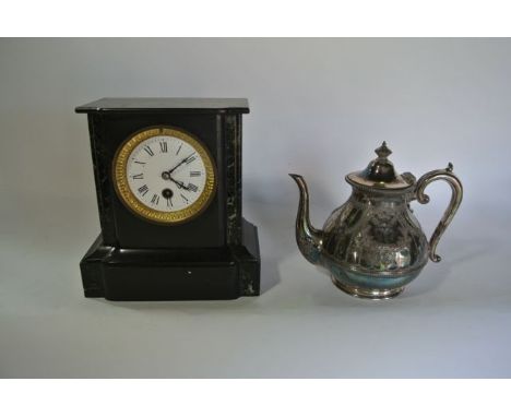 A Victorian black slate and marble mantel clock with 8-day timepiece, together with a silver plated teapot