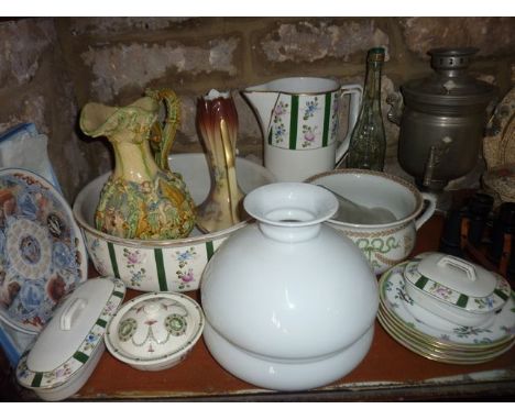 A collection of ceramics including a 19th century majolica ewer with relief moulded and painted cherub, fan and scrolling dec