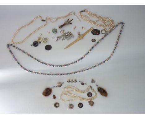 Four faux pearl necklaces, various sizes; a continuous strand of Majorica pearls; a cameo ring, in 9ct gold; and a miscellane