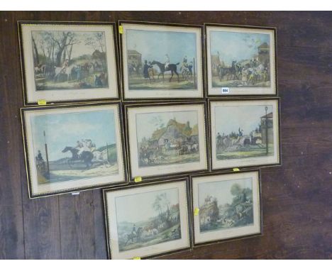 A set of eight coloured prints of early 19th century style hunting and racing subjects after Carle Vernet in black and gilt f