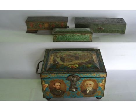 A large vintage printed tin in the form of a sarcophagus shaped caddy with hinged lid, with extensive printed detail relating