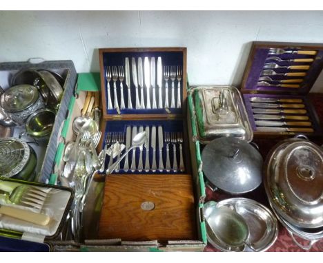A quantity  (two boxes) of silver plated wares to include two timber cased sets of six fish knives and forks, a good quality 
