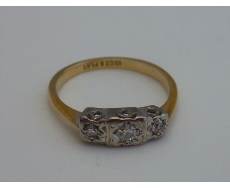 A three-stone diamond ring, set with three graduated single-cut diamonds weighing approximately 0.095cts in total, in 18ct go