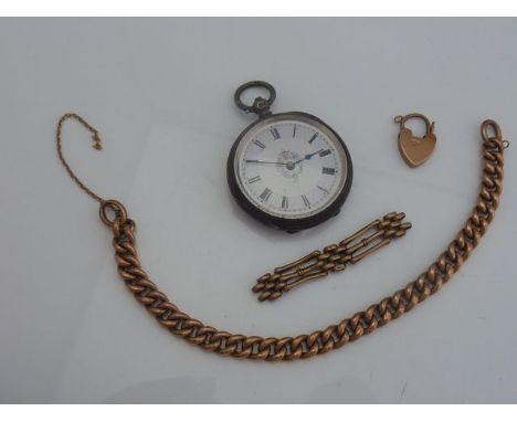 A 9ct rose gold bracelet, composed of curb-links, with loose heart-shaped padlock clasp, 13g; a sterling silver open-faced po
