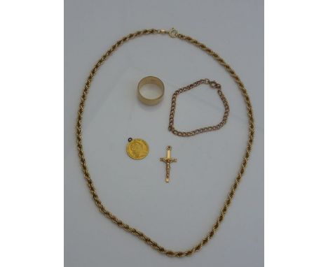 A 9ct gold rope-twist necklace, 6g; a 9ct gold ring, 7.2g; a 9ct rose gold bracelet, with later metal clasp, 1.5g; a 9ct gold