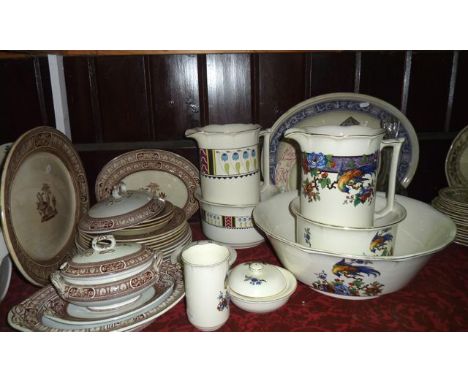 A collection of Victorian dinner wares with brown printed and classical style decoration in the Vase pattern comprising three