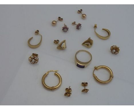 A pair of ruby and opal stud earrings, in 9ct gold; six pairs of 9ct gold earrings, 10g in total; and a gem-set ring, inset w