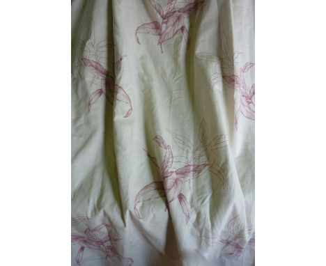 A pair of cream ground lined and interlined red leaf pattern curtains "Sicillia", Wilman fabric, complete with tie backs, 6ft