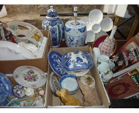 A quantity of ceramics including a continental blue and white Delft style vase and cover, an oriental style lamp base, a pair