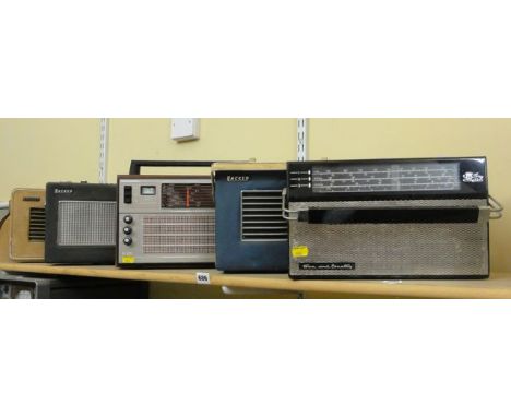Four vintage Hacker transistor radios including The Herald, The B 215, The Sovereign and one other together with Perdio Town 