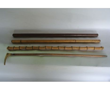 A vintage stitched brown leather clad swagger stick, 62 cm long approx., two further bamboo examples together with a slender 