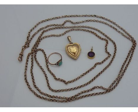 A 9ct rose gold watch chain, composed of circular curb-links, 22.5g; a 9ct gold locket, of heart-shaped form, decorated with 