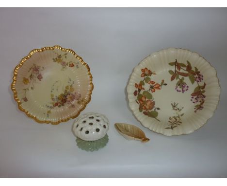 A collection of Royal Worcester wares comprising an ivory ground bowl with fluted rim and painted and gilded floral decoratio