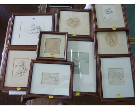 A collection of ten prints of illustrations of young children and babies on the beach, playing a xylophone, crawling, etc, po