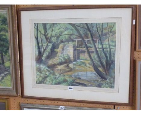A gouache study of a landscape with stream and sluice gate, by Donald Milner, signed bottom left D E Milner, with label verso