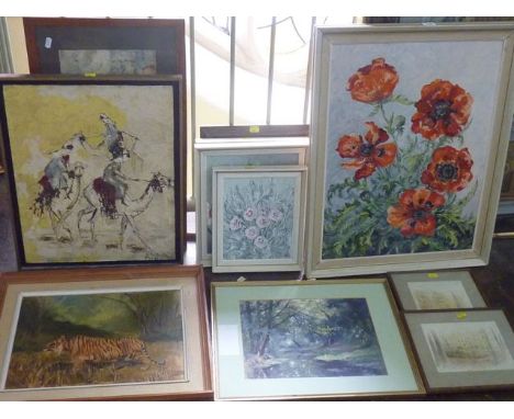 A collection of pictures and prints including an oil painting on board of a prowling tiger, with label verso D T Merson, an o