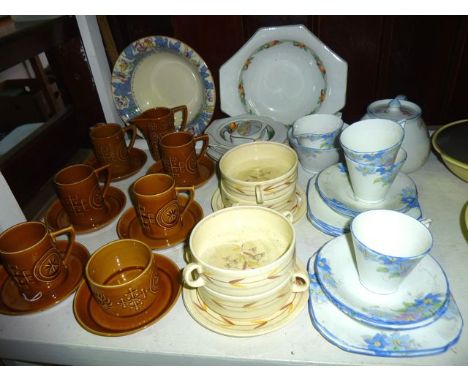 A collection of Sutherland China Art Deco tea wares with blue and pink floral decoration comprising milk jug, sugar bowl, thr