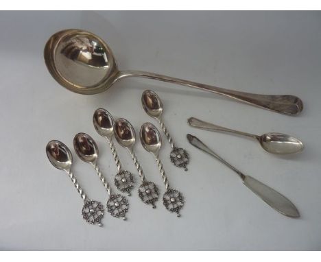 A silver Old English pattern soup ladle, William Hutton & Sons Ltd, Sheffield, probably 1942, 271.7g; a silver teaspoon and b