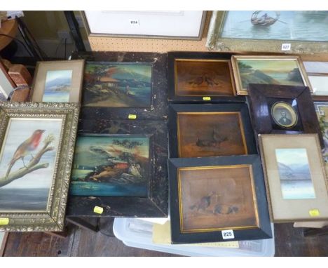 A collection of 19th and early 20th century pictures including a pair of gouache studies of mountainous lake scenes, signed b
