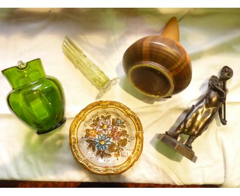 A Victorian green glass jug with moulded bowl and applied fluted handle, a Victorian uranium tinted posy vase with moulded fi