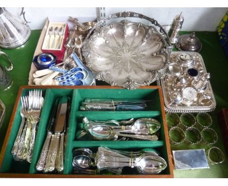 A substantial silver plated pedestal bowl of circular form with looping handle together with a quantity of good quality A1 pl