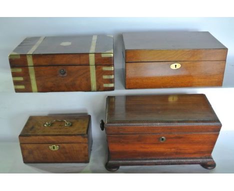 A good quality 19th century rosewood veneered sarcophagus shaped tea caddy raised on four squab supports with ribbed borders,