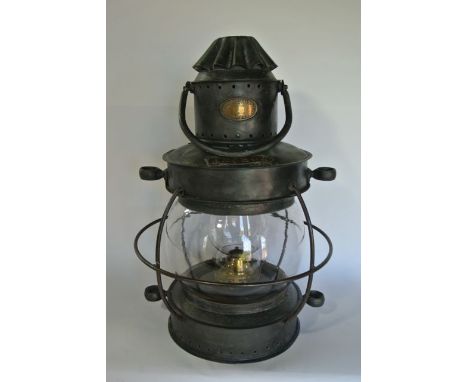 A good quality 19th century steel framed Anchor light, housing a Queen Anne burner with clear glass chimney within a clear sp