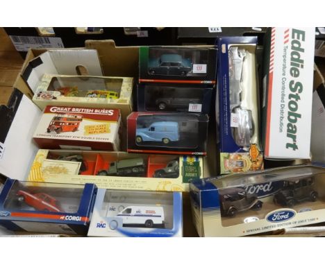 A collection of Corgi, diecast vehicles, service vehicles, Ford, military, buses etc, approx 11.