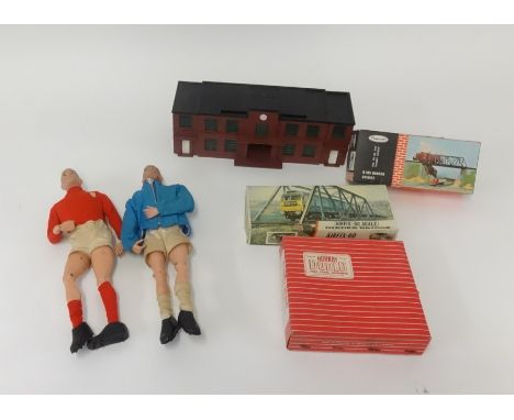 Two vintage Action Man football figures and stands together with a small collection of Tri-ang Hornby model railway accessori
