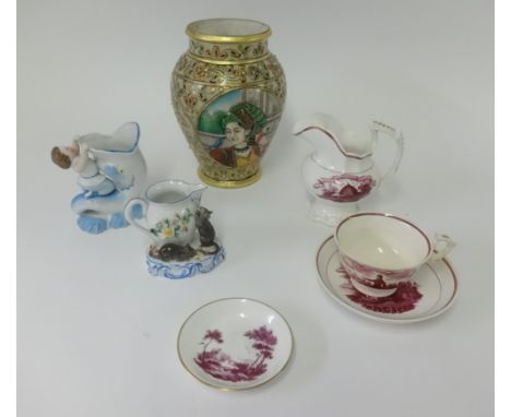 A continental pottery vase encrusted with gems and two portrait panels, height 20cm together with other porcelain including c