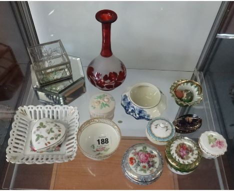 Various porcelain trinket boxes, ruby glass bottle vase etc.