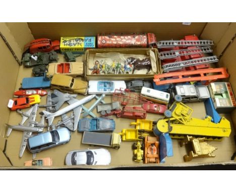 A large tray of over 40 Playworn damaged toys by Dinky, Corgi, Matchbox and others.