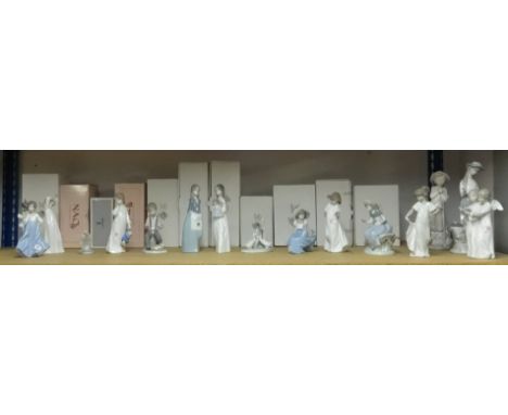 A collection of 13 Nao figures (list available), one Lladro figure (Patito Cuello Alto (Little Duck) and Spanish figure (girl