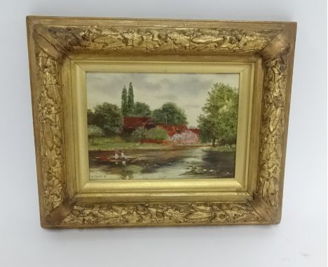 R. Edwards, small oil on canvas, signed, in a Victorian gilded frame decorated with oak leaves and acorns, overall size 27cm 