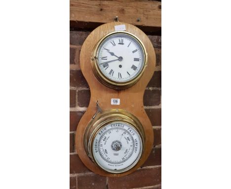 WALL MOUNTED BRASS CLOCK & AN ANEROID BAROMETER, HANDS MISSING