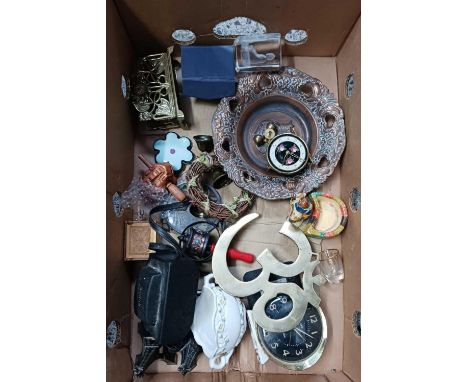 CARTON WITH MISC BRIC-A-BRAC INCL; A BIG BEN ALARM CLOCK, CAMERA, DISH, BRASS LETTER RACK & OTHER METALWARE