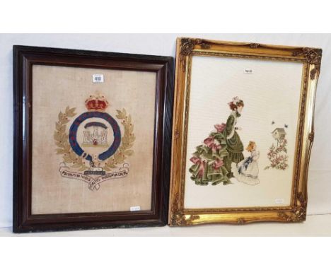 F/G THE DORSET REGIMENT EMBROIDERD SAMPLER & A GILT F/G NEEDLEWORK PICTURE OF MOTHER & DAUGHTER WITH BIRD BOX & FLOWERS