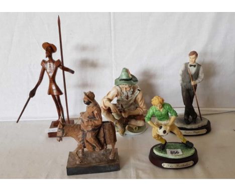 SHELF WITH 5 FIGURINES, WOOD FIGURE OF DON QUIXOTE, WOODEN FIGURE OF FARMER ON A DONKEY, FIGURE OF A FOOTBALLER & SNOOKER PLA