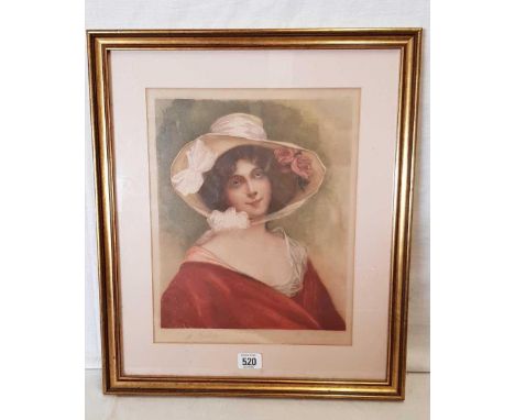 HAND TINTED COLOUR MEZZOTINT OF A LADY WITH RED SHAWL, SIGNED IN PENCIL BY THE ENGRAVER AND THE ARTIST, C1910, 19 X 16”