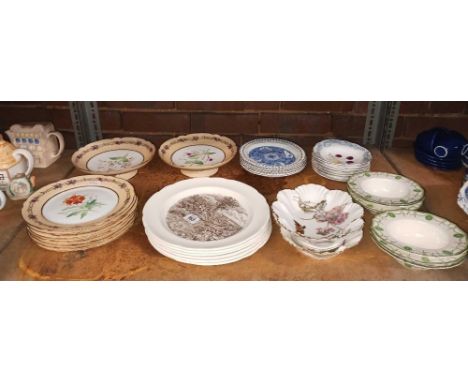 SHELF OF MISC CHINA DISHES & PLATES INCL; LIMOGES, ROYAL DOULTON COUNTESS, COPELAND SPODE & OTHERS