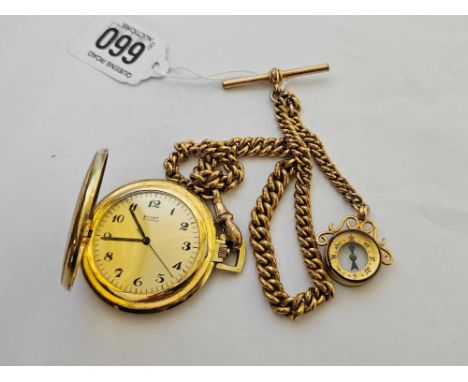 GOLD COLOURED RONET POCKET WATCH ON A GOLD COLOURED ALBERT WITH COMPASS FOB