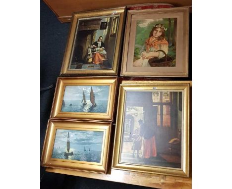 2 GILT F/G PICTURES OF SAILING BOATS & 2 GILT FRAMED PRINT BY PETER DE HOOCH, 1 OF WOMAN PEELING APPLES THE OTHER BOY WITH PO